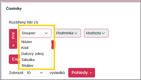 Rozšířený filtr po kliknutí na